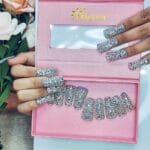 GGddsha Full Diamond Duck Nails Medium Square ReusablePMMA Acrylic Nails Handmade Full Coverage Deluxe 3DCrystal Fake Nail With Box Gift For Women,Aurora Edge