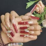 GGddsha Long Handmade PMMA Acrylic Nails Red WithSnowflake Rhinestone Bell Design Reusable Full CoverageFalse Nail Ladies False Nail Set,Lumiere Neige - Image 4
