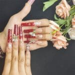 GGddsha Long Handmade PMMA Acrylic Nails Red WithSnowflake Rhinestone Bell Design Reusable Full CoverageFalse Nail Ladies False Nail Set,Lumiere Neige - Image 2