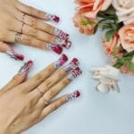 GGddsha Vermilion Duck Nails Medium Square Fake Nailswith Stars Butterflies Snake Designs Handmade Pmmaacrylic Glossy Reusable Fake NailsScarlet Serpent Eclat - Image 2