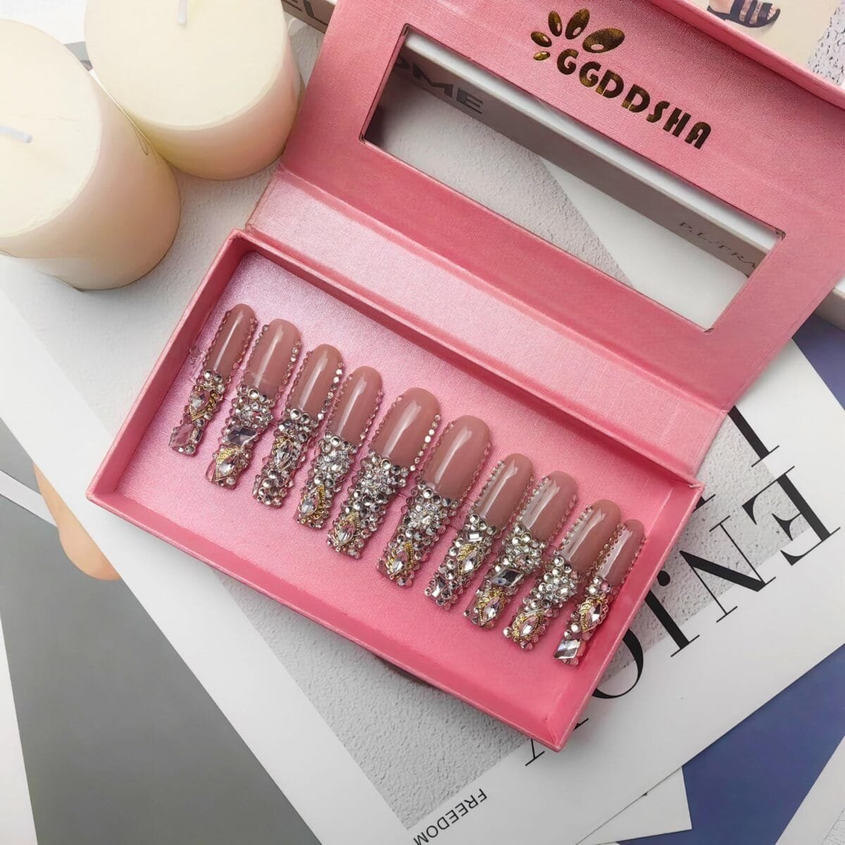 GGddsha New PMMA Acrylic Press On Nails StunningBling Nails, Rhinestone Fake Nails, Glitter Rhinestone NailsGradient Fake NailsCrystal Cascade - Image 3