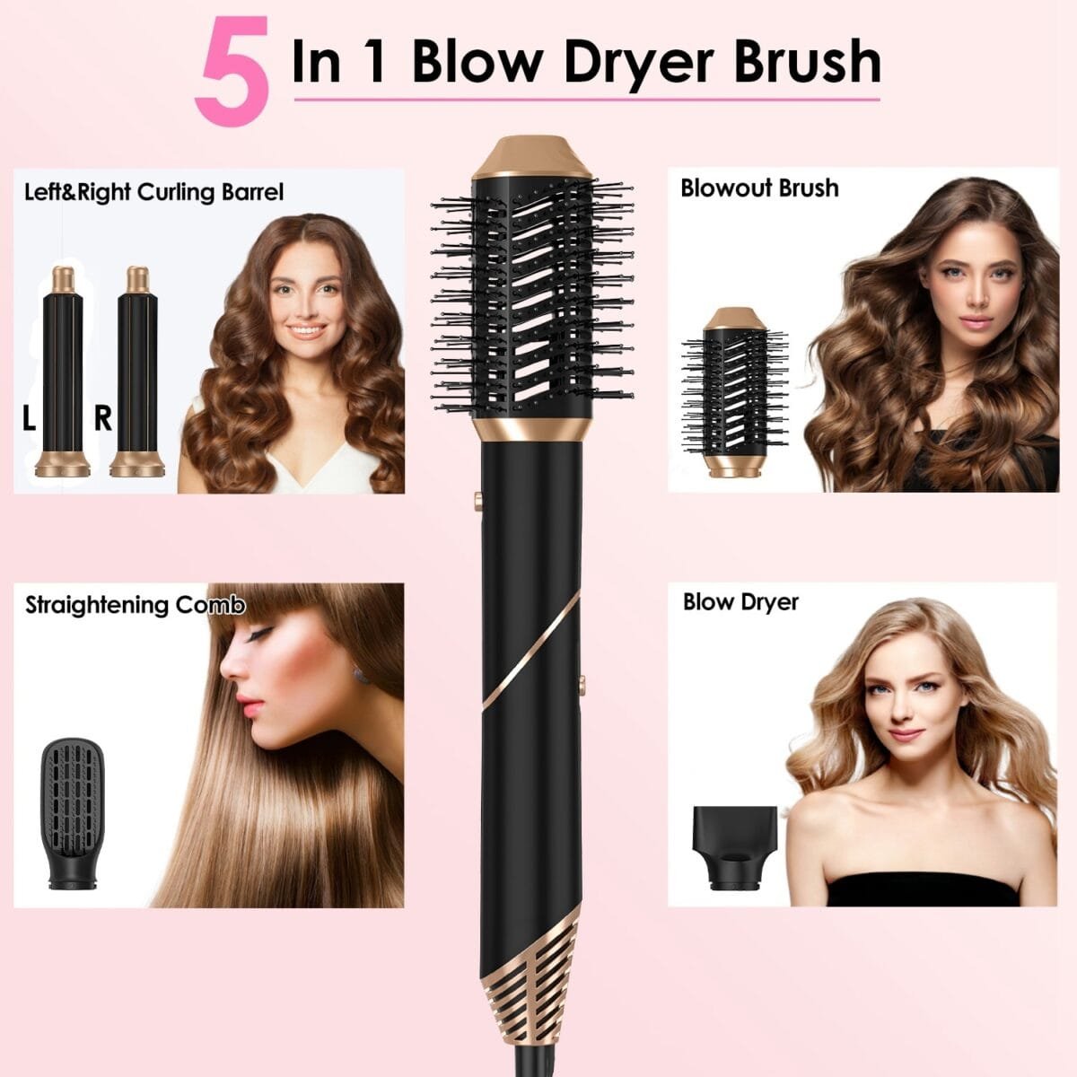 1Pc 5 In 1 Hot Air Styler Straightener Curler Dryer Automatic Wrap Styler Hair Dryer Brush Set With 3 Temp Settings ALCI Plug Glove Cable Tie 2 Alligator Hair Clips - Image 3