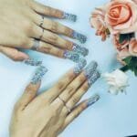 GGddsha Full Diamond Duck Nails Medium Square ReusablePMMA Acrylic Nails Handmade Full Coverage Deluxe 3DCrystal Fake Nail With Box Gift For Women,Aurora Edge - Image 2