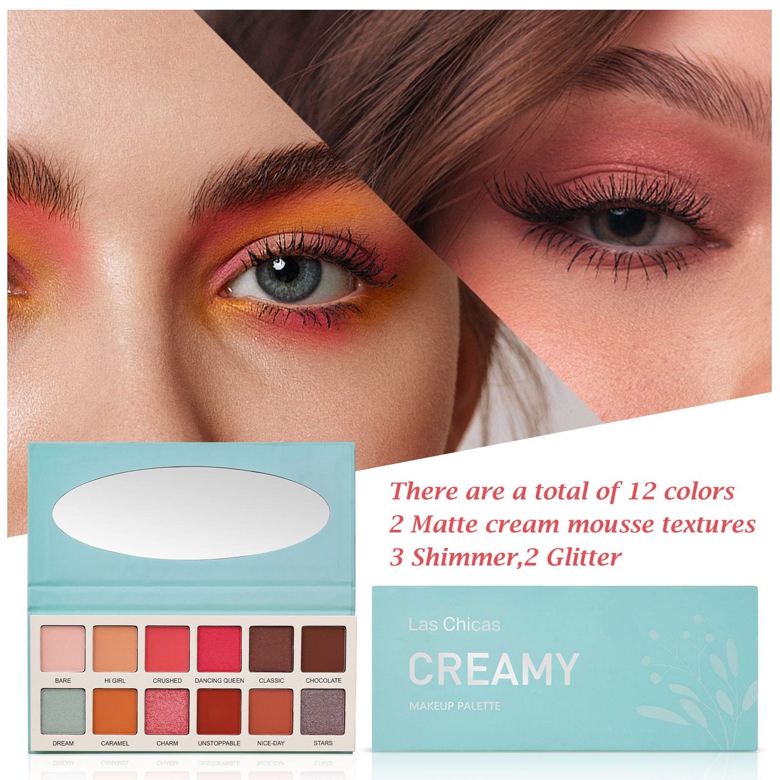 6be2231d-2d27-4f2a-9230-57585d27fdd4.jpg Las Chicas High Pigment Silky Hydroxybenzophenone Non-Vegan Cruelty-Free Cream 12-Color Eyeshadow Palette Makeup Palette - Image 1