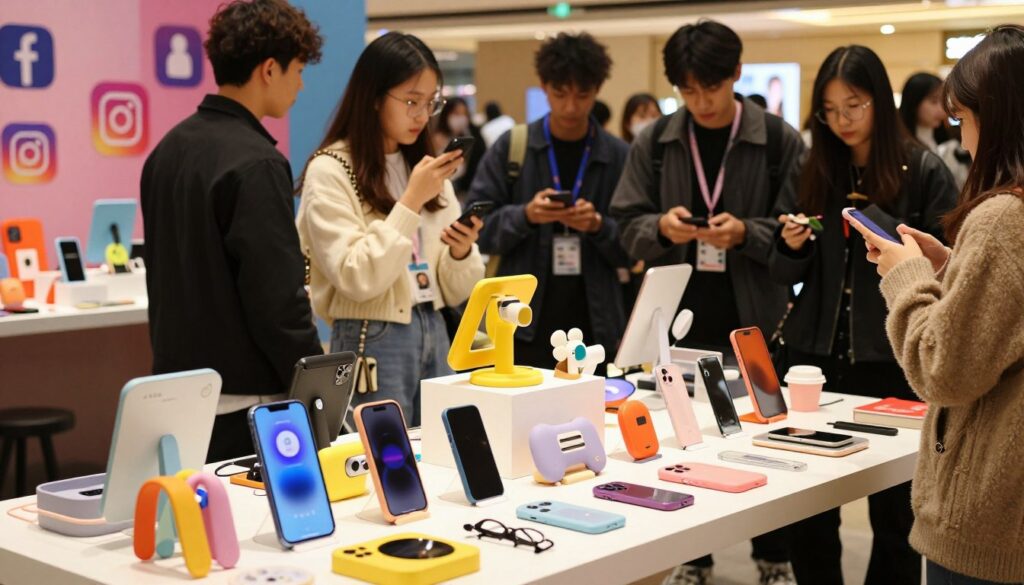 A vibrant and engaging scene showcasing a collection of trending viral products by FoFoStore. In the foreground, feature an array of popular items such as colorful gadgets, stylish accessories, and must-have home goods, all arranged aesthetically on a sleek, modern table. The middle ground should depict enthusiastic shoppers examining the products, dressed in smart casual attire, conveying a sense of excitement and curiosity. In the background, illustrate a bustling social media-inspired environment, with trendy decor and iconic social media symbols subtly blending into the scene. Soft, warm lighting enhances the inviting atmosphere, while the angle captures the dynamic energy of the market. The mood is lively and captivating, perfectly reflecting the obsession with these viral items.