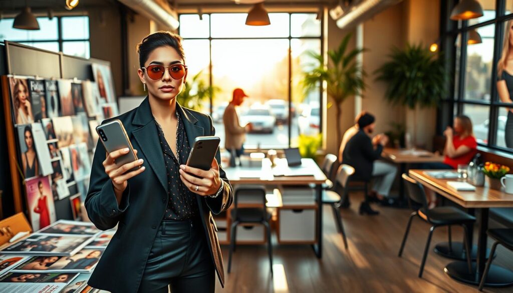 A vibrant scene capturing the essence of personal style curation inspired by social media trends. In the foreground, a stylish individual dressed in a modern, professional outfit from FoFoStore confidently poses, holding their smartphone, showcasing their latest fashion inspiration. The middle layer features a well-organized, aesthetically pleasing workspace filled with fashion magazines, swatches, and mood boards that represent diverse trends. In the background, a soft-focus view of a trendy café with patrons engaging in social media, illuminated by warm natural light filtering through large windows, creating an inviting atmosphere. Aim for a bright and energetic mood that reflects the dynamic influence of Gen Z on fashion, utilizing a portrait lens and dynamic angles to enhance visual appeal.