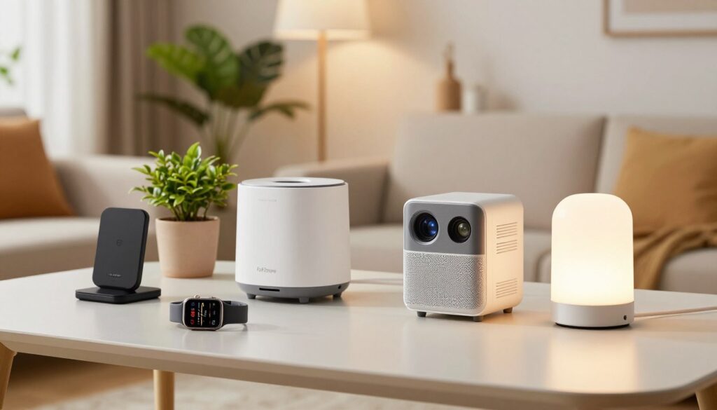 A visually striking display of the top 5 viral gadgets from FoFoStore, arranged on a sleek, modern table in a well-lit, contemporary living room setting. The foreground features a stylish smartwatch, a compact wireless charger, innovative kitchen gadget, mini portable projector, and a unique LED lamp, all showcasing their design and functionality. In the middle ground, vibrant potted plants and decorative elements soften the tech focus, while the background reveals a cozy and inviting interior, complete with soft lighting and a neutral color palette. Capture this scene with a shallow depth of field, highlighting the gadgets while subtly blurring the surroundings. The atmosphere is energetic and inviting, perfect for a tech-savvy audience.