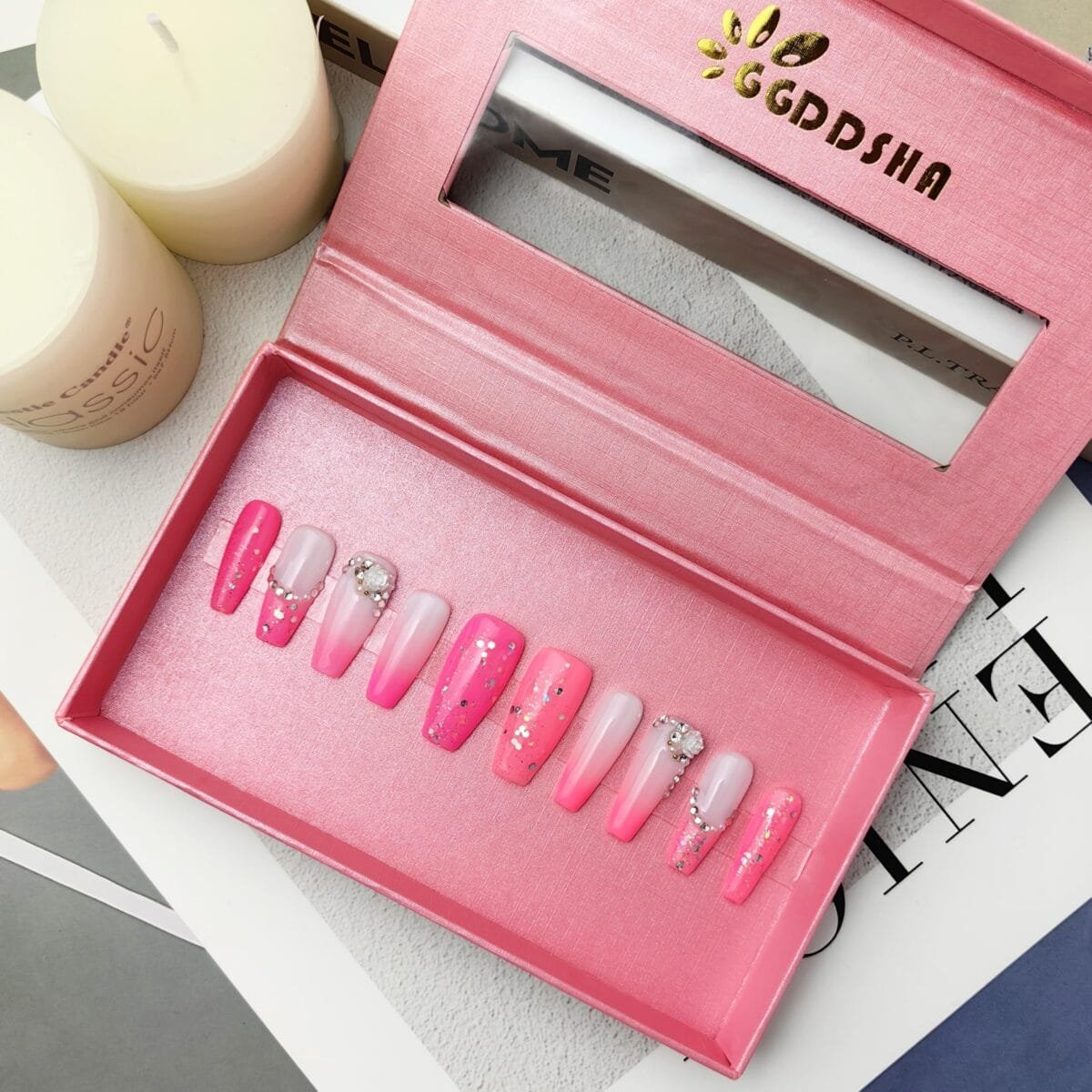GGddsha Nails Handmade Pmma Acrylic Nails Press On NailsShort Reusable Fake False Nails Kit With Box Gifts ForWomen,Blush Elegance - Image 4