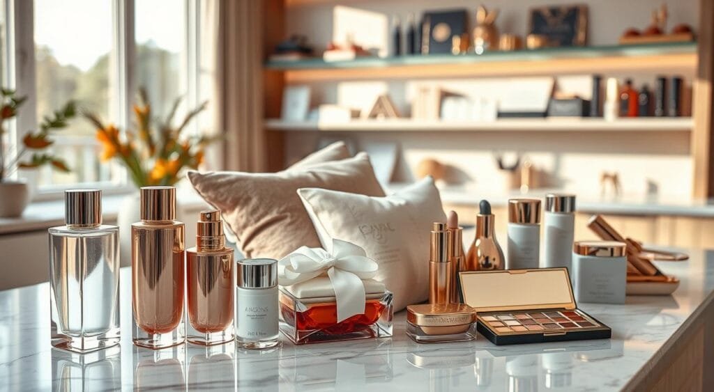 A beautiful arrangement of luxury beauty products displayed elegantly on a marble countertop. The foreground features sophisticated glass bottles of serums and creams, shimmering with soft reflections, alongside artisanal soaps wrapped in delicate packaging. In the middle, there are plush velvet cushions and stylish makeup palettes with gold accents, conveying a sense of high-end indulgence. The background includes a softly blurred shelf lined with luxury brands, a warm glow from diffused natural light streaming in through a large window, casting gentle shadows. The overall mood is one of opulence and trendiness, highlighting seasonal hues like rich autumnal tones and cool winter shades, inviting viewers to consider their luxury purchases strategically.
