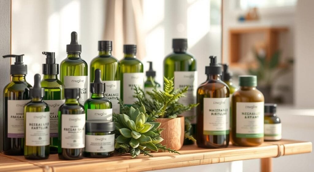 A beautifully arranged collection of eco-friendly beauty products, featuring various green bottles and containers made from recycled materials. In the foreground, a stylish bamboo shelf displays facial serums, organic facial creams, and herbal shampoos, all labeled with minimalist designs and earthy colors. In the middle, soft green plants like succulents and ferns are interspersed among the products, enhancing the natural aesthetic. The background has a blurred view of a sunny, airy bathroom, with natural light streaming in, casting gentle shadows and highlighting the textures of the products. The atmosphere is fresh and inviting, embodying a sense of sustainability and wellness.