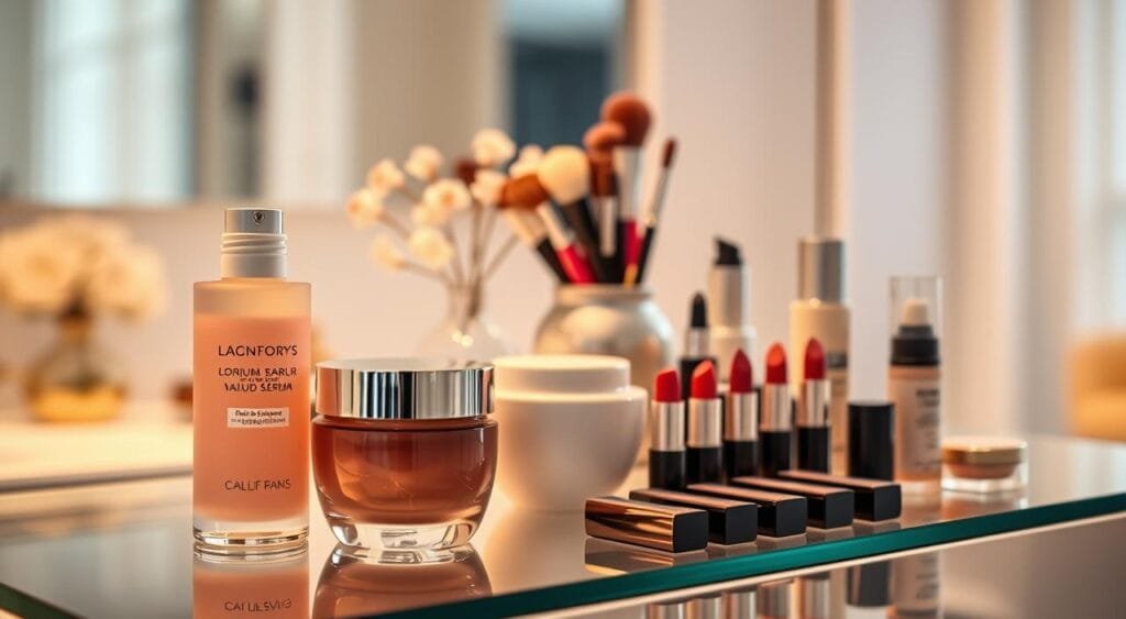 A beautifully arranged display of the highest-rated beauty products, showcasing an elegant collection of skincare and makeup items. In the foreground, a sleek glass vanity table holds various products: a luxurious serum in a frosted bottle, a rich cream in a ceramic jar, and vibrant lipsticks arranged neatly. The middle ground features a stylish makeup brush holder filled with premium brushes, while a delicate flower vase adds a touch of softness. The background is softly blurred, hinting at a chic, modern bathroom or vanity space. Warm, soft lighting creates a welcoming atmosphere, highlighting the textures and colors of the products. Capture this scene from a slight angle to give depth, evoking a sense of sophistication and beauty.