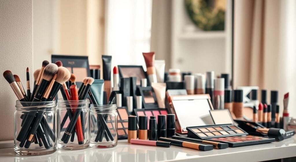 A beautifully arranged display of top-rated makeup brands, showcasing an array of colorful cosmetics including lipsticks, eyeshadows, and foundations, meticulously organized on a sleek vanity table. The foreground features elegant glass jars filled with brushes and tools, while the middle ground highlights popular makeup products attractively packaged, with some partially open to showcase vibrant colors. In the background, a softly blurred mirror reflects soft, warm lighting, creating an inviting atmosphere. The scene is bathed in soft, natural light, captured with a macro lens to highlight the textures of the products. The overall mood is chic and aspirational, perfect for enhancing any makeup collection. No human subjects or text are present, ensuring a clean, professional aesthetic.