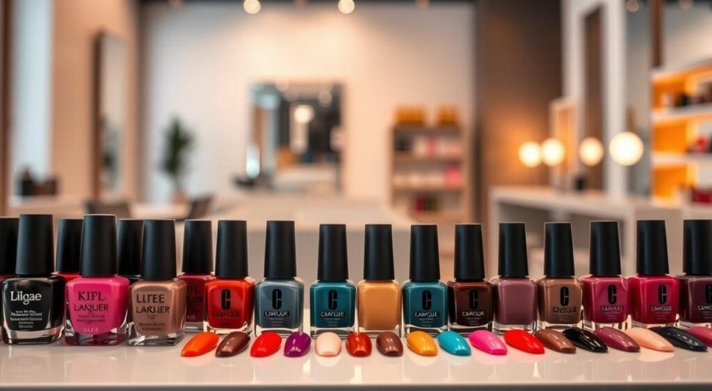 A beautifully arranged display of trendy nail colors showcasing a variety of shades and finishes, including matte, glossy, and metallic. In the foreground, feature an elegant selection of nail polish bottles with modern, chic designs, reflecting popular brand aesthetics. The middle ground should include swatches of the nail colors spread out on a sleek, minimalist vanity, arranged by gradient for visual harmony. The background should gently blur to depict a stylish salon interior, with soft, warm lighting creating an inviting atmosphere. Use a shallow depth of field to focus on the nail products while the background remains softly defined. The overall mood should be sophisticated and vibrant, appealing to a fashion-forward audience.