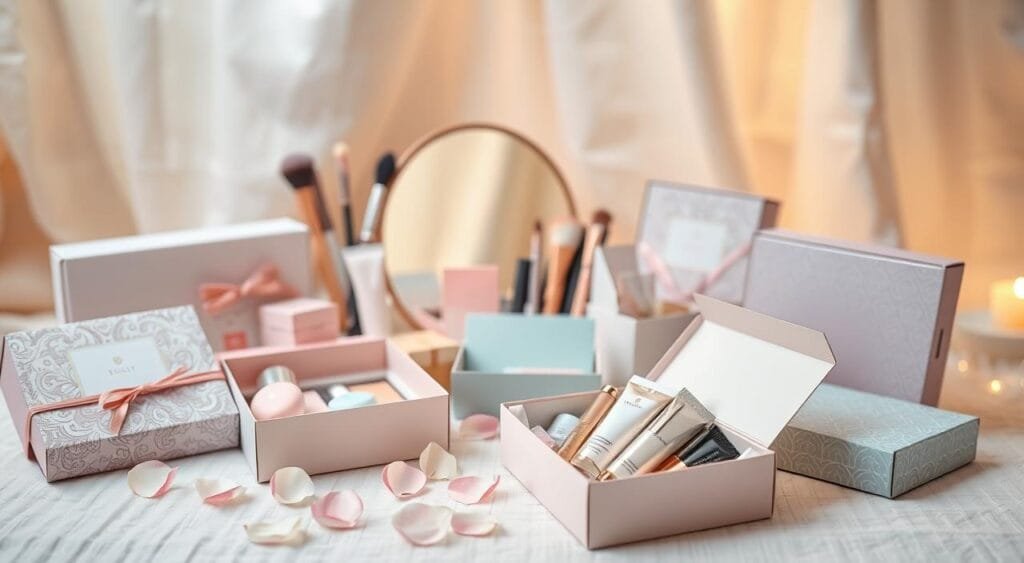 A beautifully arranged flat lay of assorted beauty subscription boxes, showcasing a variety of elegant packaging designs, such as pastel colors and intricate patterns. In the foreground, focus on a few open boxes revealing luxurious beauty products like skincare, makeup, and wellness items, artistically placed to highlight their features. In the middle ground, style the scene with delicate flower petals, makeup brushes, and a chic mirror reflecting soft, natural light. The background should be softly blurred to create depth, featuring a light-colored textured fabric that enhances the elegance. Use warm, inviting lighting to evoke a sense of luxury and indulgence, capturing the essence of top beauty subscription boxes. The mood should feel fresh, sophisticated, and inspiring. A beautifully arranged flat lay of assorted beauty subscription boxes, showcasing a variety of elegant packaging designs, such as pastel colors and intricate patterns. In the foreground, focus on a few open boxes revealing luxurious beauty products like skincare, makeup, and wellness items, artistically placed to highlight their features. In the middle ground, style the scene with delicate flower petals, makeup brushes, and a chic mirror reflecting soft, natural light. The background should be softly blurred to create depth, featuring a light-colored textured fabric that enhances the elegance. Use warm, inviting lighting to evoke a sense of luxury and indulgence, capturing the essence of top beauty subscription boxes. The mood should feel fresh, sophisticated, and inspiring.