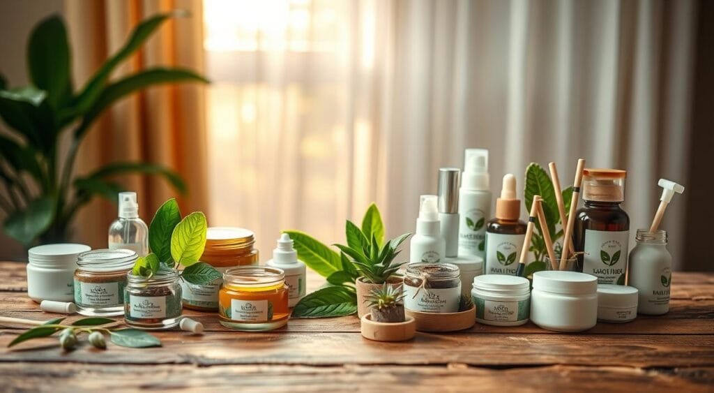 A beautifully arranged flat lay of eco-friendly beauty products on a rustic wooden surface. In the foreground, showcase an assortment of recyclable glass jars filled with organic creams and serums, alongside biodegradable paper packaging and bamboo applicators. In the middle ground, display vibrant green leaves and small potted succulents that emphasize sustainability. In the background, include a soft, blurred image of sunlight filtering through sheer cotton curtains, casting warm, natural light across the scene. The overall atmosphere should be calm and inviting, conveying a sense of harmony with nature. Use a shallow depth of field to draw focus on the products while keeping the background softly illuminated. The image should evoke an eco-conscious lifestyle, perfect for showcasing sustainable beauty solutions.