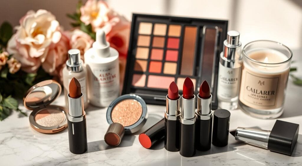 A beautifully arranged flat lay of must-have seasonal beauty products, including vibrant lipsticks, luxurious skincare serums, and a delicate floral-scented candle. In the foreground, the lipsticks are positioned with their caps off, revealing rich, autumn-toned colors, complemented by a shimmering highlighter compact. The middle ground features elegantly packaged moisturizers and a colorful eyeshadow palette, all placed on a soft marble surface that adds a touch of sophistication. The background consists of soft-focus neutral-toned flowers and greenery, creating a calming and inviting atmosphere. Natural lighting filters in from the side, casting gentle shadows that enhance the textures of the products. The mood is warm and welcoming, perfect for capturing the essence of seasonal beauty essentials.