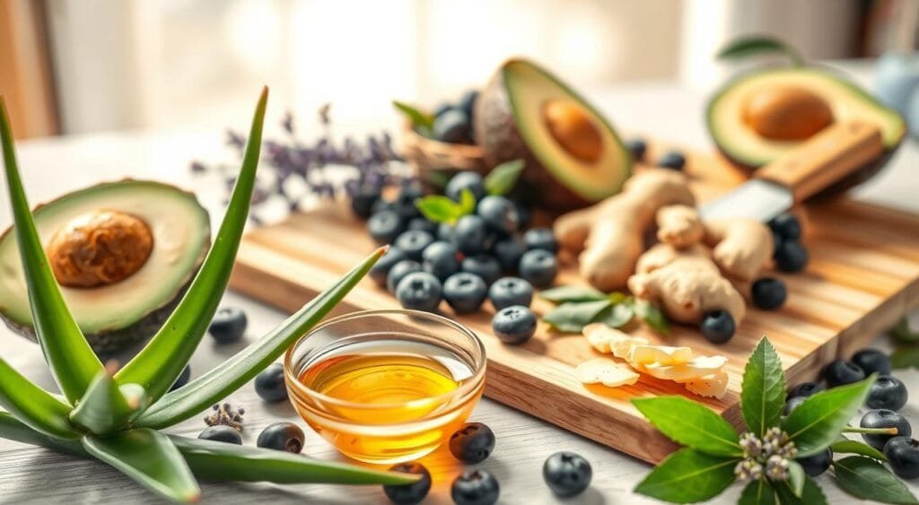 A beautifully arranged flat lay of natural ingredients for anti-aging skincare, featuring fresh aloe vera leaves, ripe avocados, and vibrant blueberries scattered around. In the foreground, include a small glass bowl filled with honey and tiny sprigs of lavender. The middle ground showcases a wooden cutting board with a cutting knife, highlighting sliced ginger and green tea leaves. The background fades softly, suggesting a light and airy kitchen environment with gentle sunlight streaming through a nearby window, creating warm, inviting shadows. The mood is fresh and rejuvenating, embodying the essence of natural beauty. Use soft focus to blend the elements, emphasizing the vibrant colors and textures of the natural ingredients, capturing the essence of DIY skincare.
