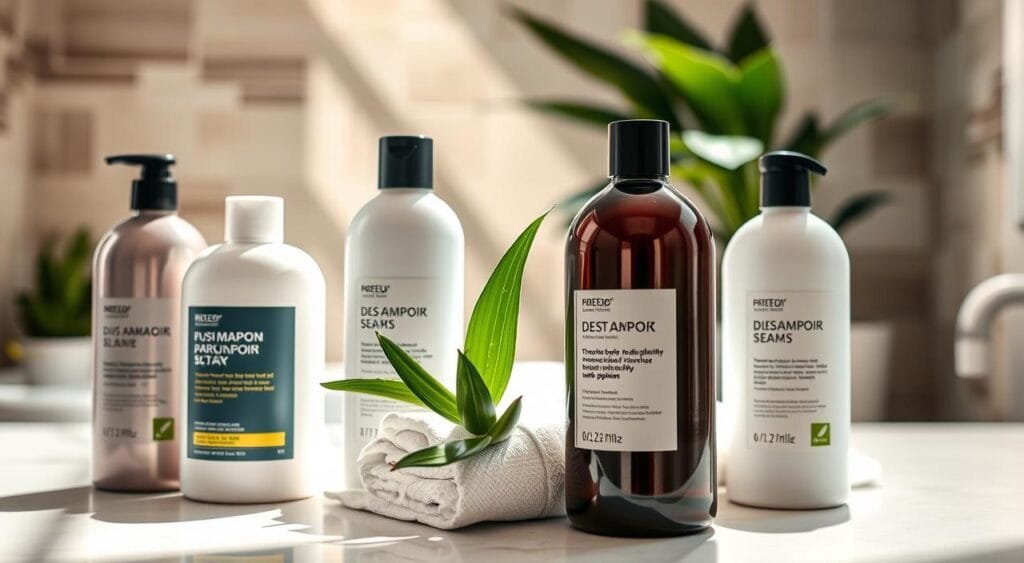 A beautifully arranged flat lay of the best hair care products specifically designed for oily hair. In the foreground, showcase a selection of sleek, modern shampoo and conditioner bottles with smooth, glossy finishes, alongside natural ingredients like tea tree oil and aloe vera. In the middle, add a vibrant green leaf and a subtle white towel for a fresh and clean feel. In the background, softly blurred, include a stylish bathroom setting, featuring neutral-colored tiles and natural lighting that floods the scene, creating a warm atmosphere. The lens perspective should be a slightly elevated angle to highlight the textures and colors of the products, invoking a sense of luxury and self-care. Aim for an inviting and refreshing mood that appeals to readers looking for effective hair care solutions.