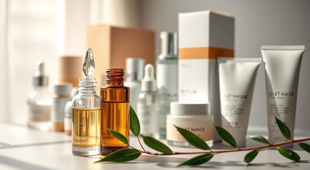 A beautifully arranged flat lay of top-rated skincare products, including serums, moisturizers, and face masks in elegant glass bottles and tubes. The foreground features a crystal-clear serum dropper, and a soft-focus background showcases neatly organized product boxes with subtle branding. Natural lighting streams in from the left, creating gentle highlights and soft shadows, enhancing the textures of the products. The mood is calm and inviting, evoking a sense of pampering and self-care. Delicate green plant leaves are included to add a touch of freshness and vitality. The composition is clean, professional, and aesthetically pleasing, inviting viewers to explore skincare options without distractions.