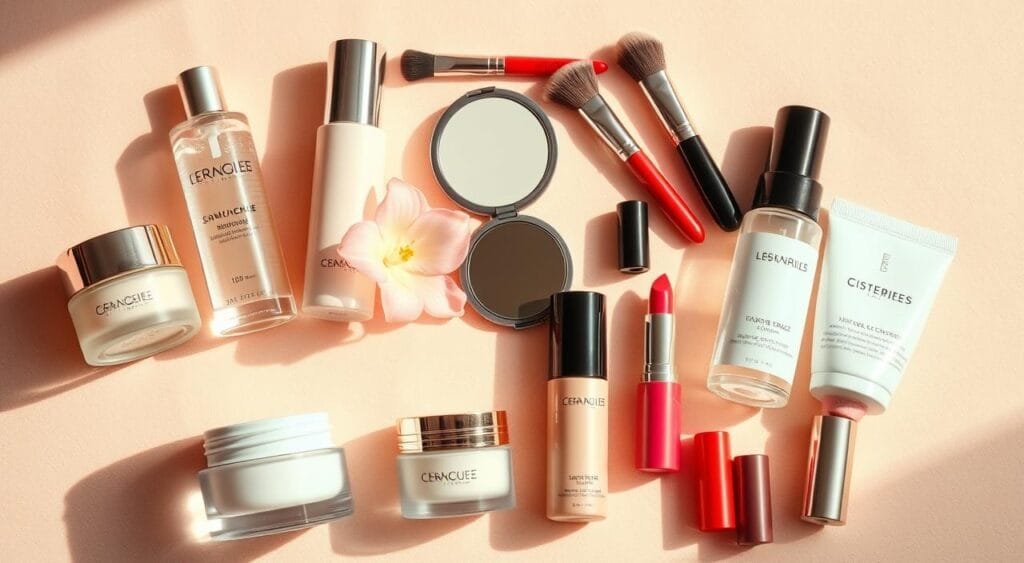 A beautifully arranged flat lay of various high-rated beauty products, including skincare creams, serums, and makeup items, all displayed elegantly on a soft, textured surface. In the foreground, include a luxurious glass jar of moisturizer, a sleek foundation bottle, and vibrant lipstick tubes, showcasing the diversity in colors and textures. The middle section features a tasteful selection of high-quality beauty brushes, a sparkling compact, and a delicate flower accentuating the scene. The background should have a gentle gradient of soft blush and cream colors, creating an inviting and soothing atmosphere. The lighting should be warm and natural, casting soft shadows to enhance the products’ features. The mood is inspiring and aspirational, emphasizing the balance of price and quality in beauty products.
