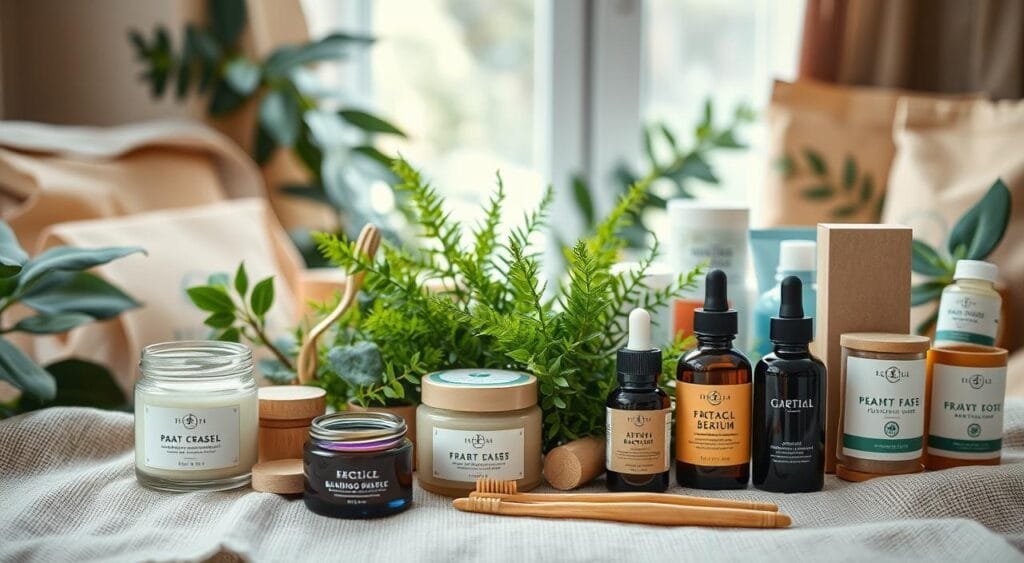 A beautifully arranged flat lay of various sustainable beauty products, including glass jars of natural creams, eco-friendly bamboo toothbrushes, and elegantly packaged organic serums. The foreground features a selection of vibrant, plant-based cosmetics, artfully displayed on a textured, natural fabric backdrop. In the middle, lush green plants like ferns and succulents add a touch of life and freshness, while a soft window light bathes the scene in a warm glow, creating an inviting and serene atmosphere. The background remains blurred to emphasize the products, with hints of recycled packaging subtly enhancing the theme of sustainability. The overall mood should evoke a sense of cleanliness, natural beauty, and eco-conscious living.