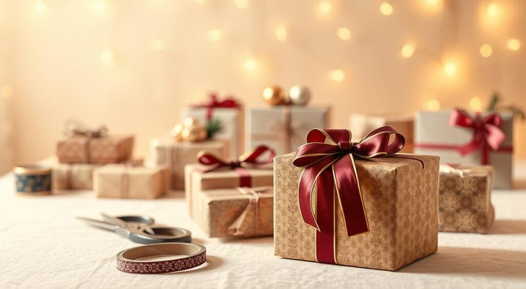 A beautifully arranged gift table set against a soft, warm-toned background. In the foreground, an elegantly wrapped gift box adorned with luxurious maroon and gold ribbon sits prominently, featuring intricate patterns on the wrapping paper. Beside it, a pair of stylish scissors and an open roll of decorative tape add an artistic flair. In the middle ground, an assortment of gifts of varying shapes and sizes are neatly presented, showcasing diverse wrapping styles—some minimalist, others opulently ornate. The background fades softly into a cozy atmosphere with twinkling fairy lights and a subtle display of seasonal decorations. The lighting is warm and inviting, casting gentle shadows that enhance the textures of the wrapping materials. The mood is festive and celebratory, evoking a sense of anticipation and joy associated with giving and receiving gifts. A beautifully arranged gift table set against a soft, warm-toned background. In the foreground, an elegantly wrapped gift box adorned with luxurious maroon and gold ribbon sits prominently, featuring intricate patterns on the wrapping paper. Beside it, a pair of stylish scissors and an open roll of decorative tape add an artistic flair. In the middle ground, an assortment of gifts of varying shapes and sizes are neatly presented, showcasing diverse wrapping styles—some minimalist, others opulently ornate. The background fades softly into a cozy atmosphere with twinkling fairy lights and a subtle display of seasonal decorations. The lighting is warm and inviting, casting gentle shadows that enhance the textures of the wrapping materials. The mood is festive and celebratory, evoking a sense of anticipation and joy associated with giving and receiving gifts.