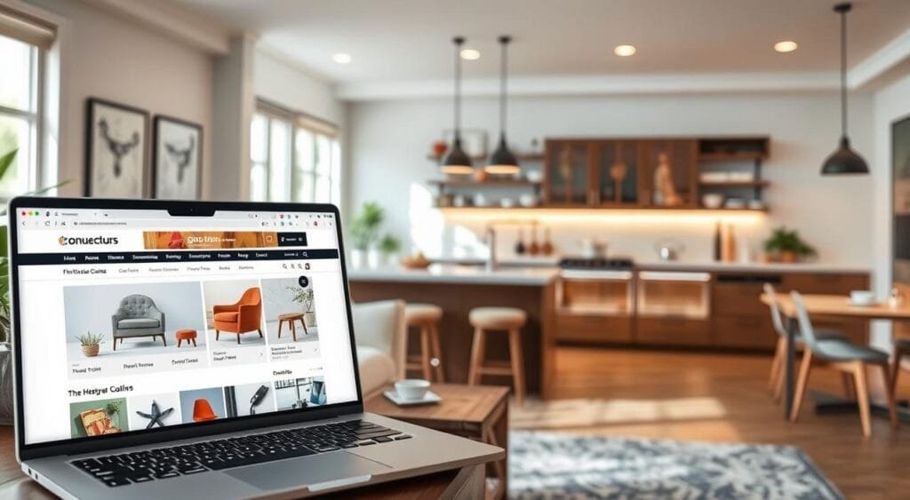 A beautifully arranged online shopping interface showcasing popular American e-commerce websites specializing in home goods and furniture. In the foreground, an elegant living room setup features a stylish sofa, coffee table, and artful decor items, with a laptop displaying a vibrant website layout showcasing furniture products. In the middle ground, a panoramic view of a modern, well-lit kitchen displays various home essentials, like pots, pans, and tableware, emphasizing the variety available for purchase. The background features a calming, soft-focus image of a chic home environment with warm natural lighting, creating an inviting atmosphere. The scene is viewed from a slightly elevated angle, enhancing the depth and appeal, portraying a serene and inspiring online shopping experience.