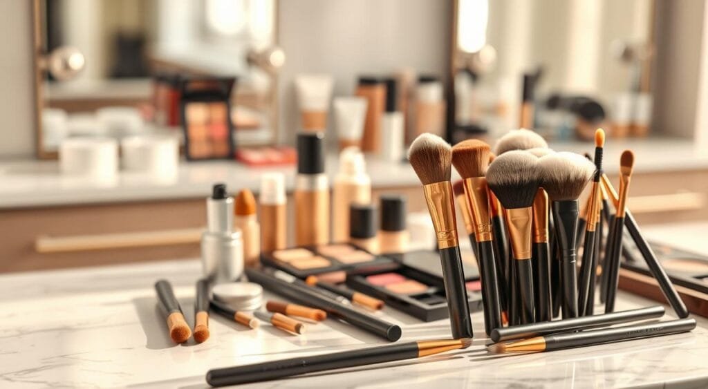 A beautifully arranged professional makeup brush kit, featuring a variety of brushes with different shapes and sizes, displayed on a chic marble countertop. The foreground shows a close-up of the brushes with soft, tapered bristles and elegant handles, glistening softly in warm, natural light. In the middle, blurred but recognizable, are colorful makeup palettes and containers of foundation and powder, indicating their use with the brushes. The background is softly focused, showcasing a well-organized vanity with mirror reflections and gentle makeup products, creating an inviting and sophisticated ambiance. The overall mood is calm and professional, suggesting a serene yet empowering environment for makeup application, inviting viewers to explore the intricacies of choosing the perfect brush for their skin type. A beautifully arranged professional makeup brush kit, featuring a variety of brushes with different shapes and sizes, displayed on a chic marble countertop. The foreground shows a close-up of the brushes with soft, tapered bristles and elegant handles, glistening softly in warm, natural light. In the middle, blurred but recognizable, are colorful makeup palettes and containers of foundation and powder, indicating their use with the brushes. The background is softly focused, showcasing a well-organized vanity with mirror reflections and gentle makeup products, creating an inviting and sophisticated ambiance. The overall mood is calm and professional, suggesting a serene yet empowering environment for makeup application, inviting viewers to explore the intricacies of choosing the perfect brush for their skin type.