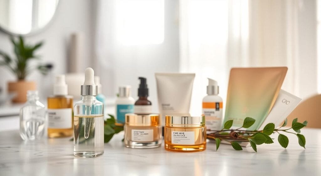 A beautifully arranged table showcasing a selection of popular skincare products, including serums, moisturizers, and face masks, all prominently displayed. In the foreground, a few products stand out: a glass dropper bottle filled with a clear serum, a golden cream jar, and a colorful sheet mask wrapped in elegant packaging. The middle ground features additional skincare items nestled in natural greenery, suggesting a fresh, clean vibe. The background is softly blurred to the outline of a cozy bathroom setting with soft, indirect sunlight filtering through sheer curtains, creating a warm and inviting atmosphere. The overall mood should evoke a sense of tranquility and transparency, highlighting the importance of ingredient clarity and product efficacy. Capture the scene with a shallow depth of field, using a soft-focus lens effect for a dreamy, ethereal look.