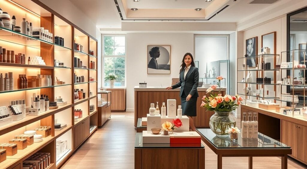 A beautifully curated beauty products store interior, featuring elegant displays of luxurious skincare, makeup, and haircare items. In the foreground, a well-organized aisle showcases various products on sleek wooden shelves, with each item attractively lit by warm, soft lighting that creates an inviting atmosphere. A professional staff member in modest business attire stands behind a stylish counter, ready to assist customers. The middle ground highlights chic product arrangements on glass tables, accented with fresh flowers, giving a touch of sophistication. In the background, large windows allow natural light to flood the space, complemented by light pastel-colored walls adorned with tasteful artwork. The overall mood conveys elegance, professionalism, and a commitment to beauty and self-care, ideal for establishing a brand identity. A beautifully curated beauty products store interior, featuring elegant displays of luxurious skincare, makeup, and haircare items. In the foreground, a well-organized aisle showcases various products on sleek wooden shelves, with each item attractively lit by warm, soft lighting that creates an inviting atmosphere. A professional staff member in modest business attire stands behind a stylish counter, ready to assist customers. The middle ground highlights chic product arrangements on glass tables, accented with fresh flowers, giving a touch of sophistication. In the background, large windows allow natural light to flood the space, complemented by light pastel-colored walls adorned with tasteful artwork. The overall mood conveys elegance, professionalism, and a commitment to beauty and self-care, ideal for establishing a brand identity.