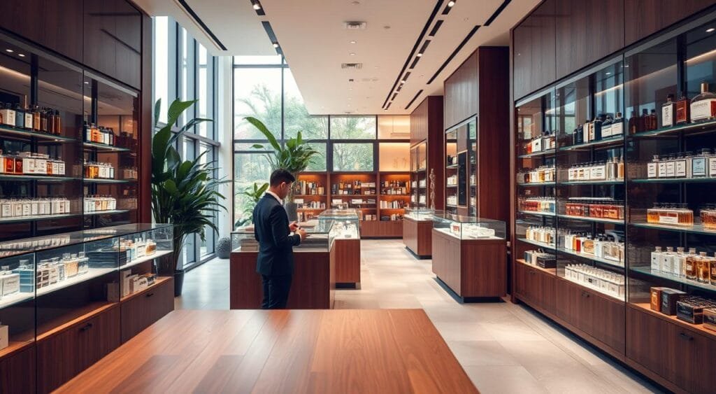 A beautifully designed luxury fragrance outlet interior, showcasing elegant display cases filled with an array of exquisite perfume bottles. The foreground features a stylish wooden counter attended by a professional staff member in business attire, providing personalized service. In the middle, a chic aisle lined with shelves displaying fragrances, surrounded by lush greenery and soft, ambient lighting that creates a warm and inviting atmosphere. The background reveals large glass windows allowing natural light to filter through, enhancing the opulent feel of the space. The camera angle is slightly elevated, capturing the layout and ambiance effectively, evoking a sense of luxury and sophistication ideal for online fragrance shopping. The overall mood is inviting and elegant, encouraging a serene shopping experience.