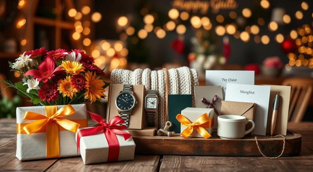 A beautifully styled tabletop arrangement showcasing various gift ideas for different occasions. In the foreground, a tastefully wrapped gift box adorned with a bright ribbon, beside a colorful bouquet of fresh flowers. The middle features an array of thoughtful gifts: a stylish watch, a cozy blanket, a personalized mug, and a set of elegant stationery—all displayed on a rustic wooden table. In the background, a softly blurred image of a festive party scene, with twinkling fairy lights and cheerful decorations, evoking a warm and inviting atmosphere. Use soft, natural lighting to create a cozy ambiance, with a slight depth of field effect to emphasize the gifts. Capture the essence of celebration and generosity in a harmonious composition. A beautifully styled tabletop arrangement showcasing various gift ideas for different occasions. In the foreground, a tastefully wrapped gift box adorned with a bright ribbon, beside a colorful bouquet of fresh flowers. The middle features an array of thoughtful gifts: a stylish watch, a cozy blanket, a personalized mug, and a set of elegant stationery—all displayed on a rustic wooden table. In the background, a softly blurred image of a festive party scene, with twinkling fairy lights and cheerful decorations, evoking a warm and inviting atmosphere. Use soft, natural lighting to create a cozy ambiance, with a slight depth of field effect to emphasize the gifts. Capture the essence of celebration and generosity in a harmonious composition.