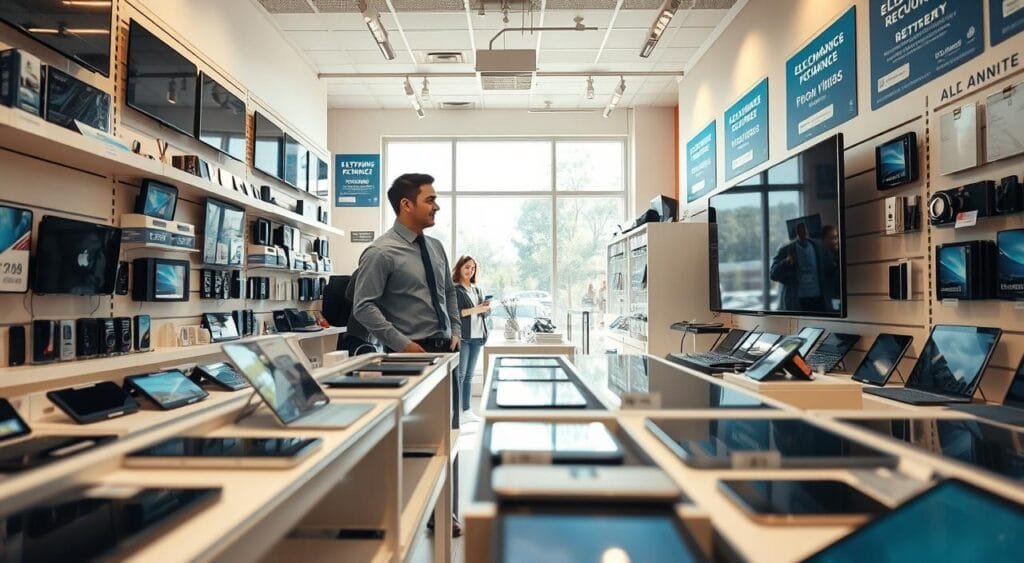 A bright and inviting USA electronics shop filled with a variety of modern electronic devices. In the foreground, neatly arranged shelves showcase smartphones, laptops, and tablets with price tags visible. The middle ground features a friendly sales associate wearing professional attire, assisting a customer looking at a large flat-screen TV, both engaged in conversation. The background reveals a wall adorned with promotional banners for return and exchange policies, with soft lighting highlighting key areas. The atmosphere is warm and welcoming, featuring natural daylight streaming through large windows, creating a sense of trust and reliability. The angle is slightly elevated, capturing a wide view of the shop while ensuring the focus remains on the interaction between staff and customers. A bright and inviting USA electronics shop filled with a variety of modern electronic devices. In the foreground, neatly arranged shelves showcase smartphones, laptops, and tablets with price tags visible. The middle ground features a friendly sales associate wearing professional attire, assisting a customer looking at a large flat-screen TV, both engaged in conversation. The background reveals a wall adorned with promotional banners for return and exchange policies, with soft lighting highlighting key areas. The atmosphere is warm and welcoming, featuring natural daylight streaming through large windows, creating a sense of trust and reliability. The angle is slightly elevated, capturing a wide view of the shop while ensuring the focus remains on the interaction between staff and customers.