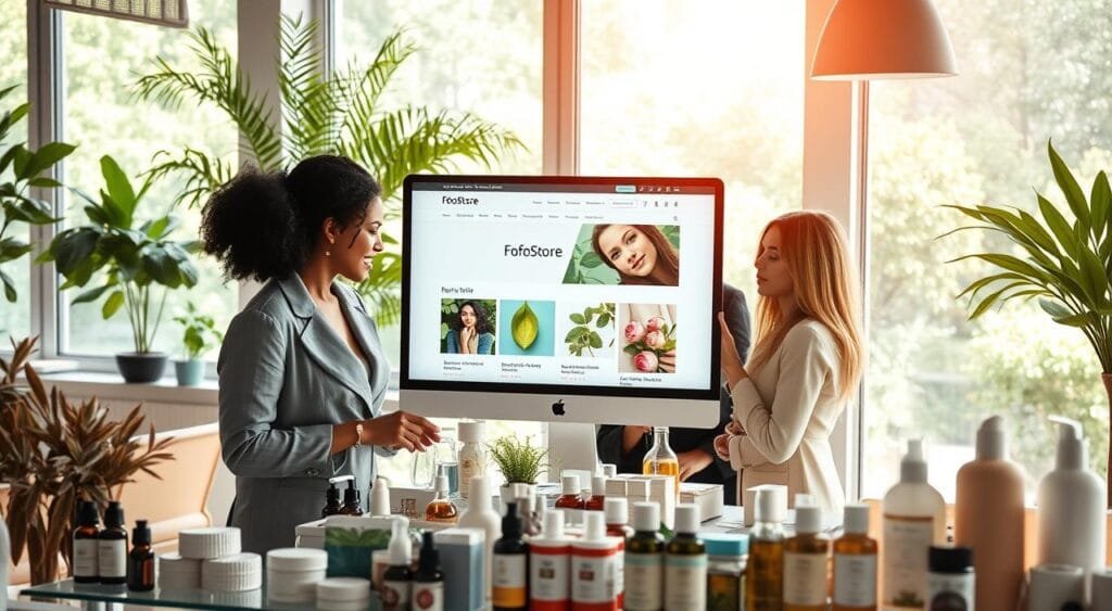 A bright and inviting scene inside a modern e-commerce workspace showcasing FofoStore’s natural beauty products. In the foreground, a diverse group of three women dressed in professional business attire examines beautifully arranged product displays: organic skincare creams, essential oils, and herbal shampoos. The middle ground features a sleek computer monitor displaying the FofoStore website with vibrant images of nature-inspired beauty products. In the background, large windows let in soft, natural light, highlighting greenery and a serene outdoor view, enhancing the atmosphere of wellness and connection to nature. The mood is uplifting and engaging, creating a welcoming environment for exploring natural beauty options. Capture the essence of a seamless online shopping experience.