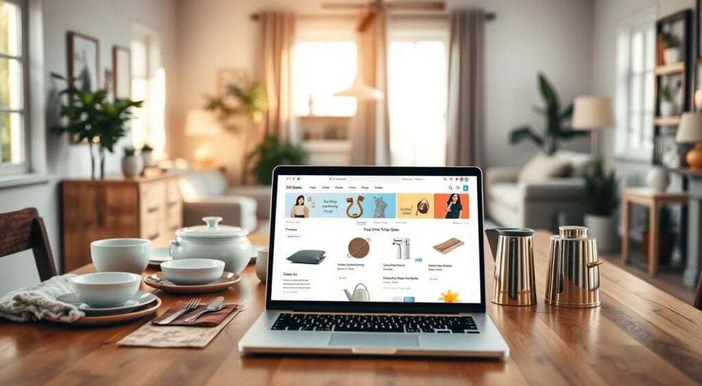 A bright and inviting scene of a stylish home goods e-commerce website. In the foreground, a neatly organized wooden dining table displays a selection of quality home products: elegant dinnerware, cozy textiles, and modern kitchen gadgets. The middle ground features a laptop with a vibrant website layout showing clear product images and a prominent shipping and returns policy section. In the background, soft natural light filters through a window, illuminating a tastefully decorated living room with potted plants and comfortable furniture, creating a welcoming atmosphere. The overall mood is friendly and professional, evoking trust and reliability. Use warm tones, a shallow depth of field to focus on the table, and a soft bokeh effect in the background.