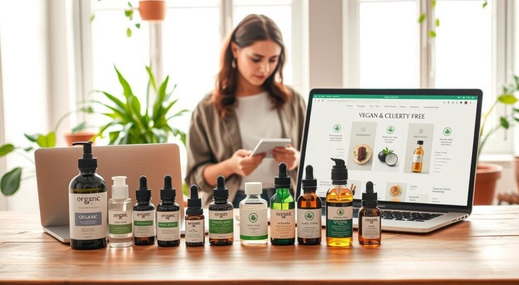 A bright, inviting online shopping scene focused on vegan and cruelty-free skincare products. In the foreground, a stylish wooden table displays an array of eco-friendly skincare items in elegant packaging, including serums, creams, and facial oils, all showcasing organic ingredients. A laptop is open beside the products, displaying a clean, user-friendly website interface with organic product categories. In the middle ground, a person in modest casual clothing thoughtfully examines the labels, paying attention to ingredient lists and certifications. The background features soft, diffused lighting from a large window, adorned with potted plants that enhance the natural, fresh atmosphere. The overall mood is vibrant and engaging, conveying a sense of mindful shopping and care for the environment.