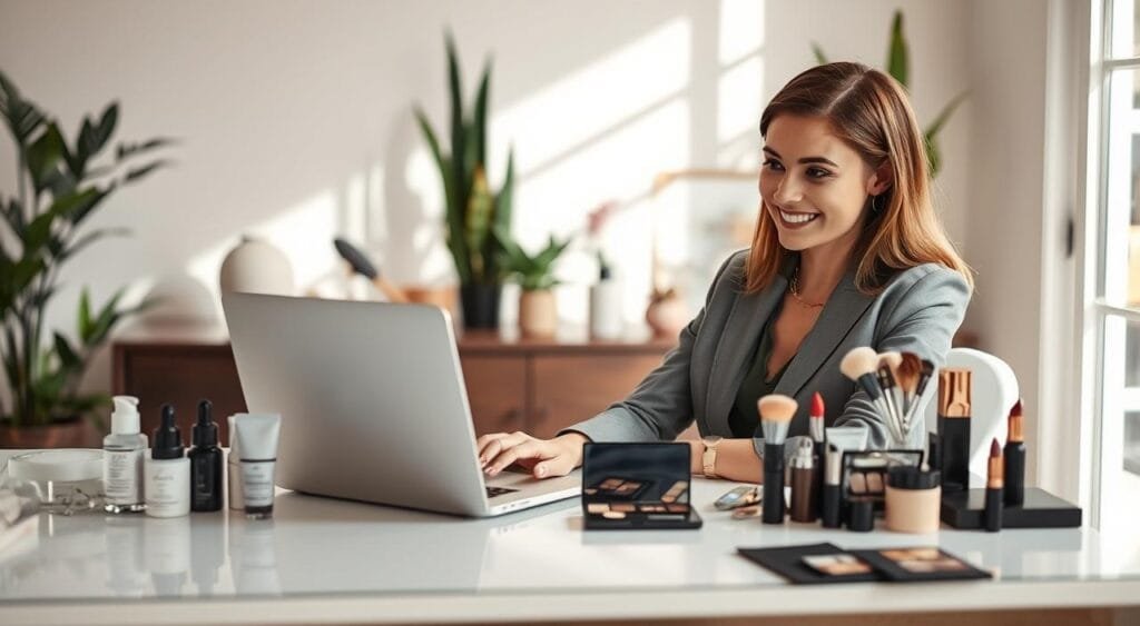 A bright, well-lit workspace displaying a professional setup for beauty product reviews. In the foreground, an elegant desk with a laptop open to a well-organized review page, surrounded by various beauty products like skincare bottles, makeup palettes, and brushes, all neatly arranged. A confident woman in smart casual attire, focused on her work, sits at the desk, with a warm smile reflecting her positive engagement with the products. In the middle ground, a soft-focus backdrop featuring plants and decorative elements to create a welcoming atmosphere. The lighting is natural and inviting, suggesting a productive yet relaxing workspace, with the angle capturing both the reviewer and the products prominently, highlighting the theme of trusted beauty product reviews. A bright, well-lit workspace displaying a professional setup for beauty product reviews. In the foreground, an elegant desk with a laptop open to a well-organized review page, surrounded by various beauty products like skincare bottles, makeup palettes, and brushes, all neatly arranged. A confident woman in smart casual attire, focused on her work, sits at the desk, with a warm smile reflecting her positive engagement with the products. In the middle ground, a soft-focus backdrop featuring plants and decorative elements to create a welcoming atmosphere. The lighting is natural and inviting, suggesting a productive yet relaxing workspace, with the angle capturing both the reviewer and the products prominently, highlighting the theme of trusted beauty product reviews.