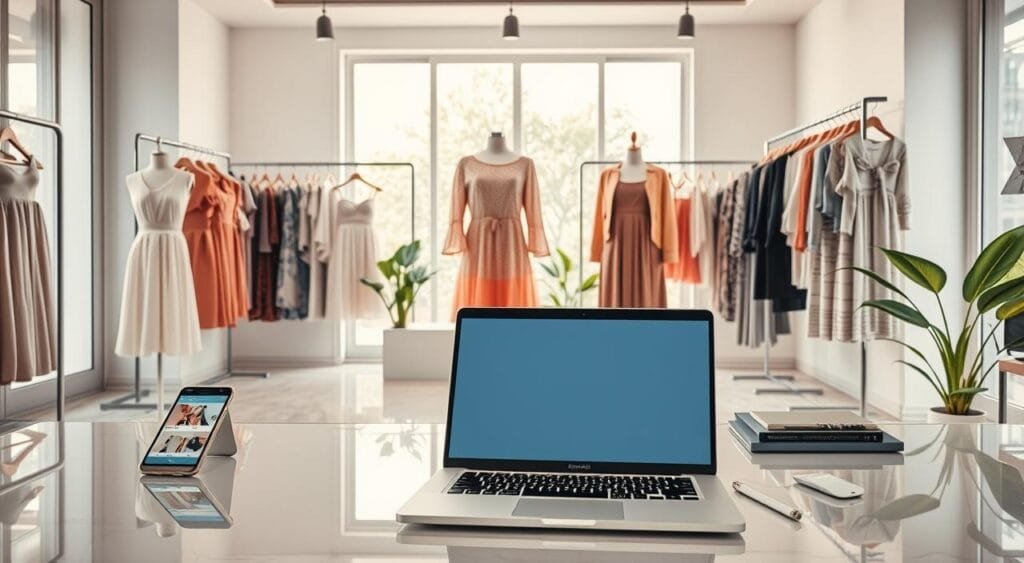 A chic online boutique setup showcasing a stylish and inviting workspace. In the foreground, a modern laptop sits open on a polished desk with smartphones displaying fashion items. Nearby, elegant clothing racks showcase trendy apparel such as dresses, tops, and accessories. In the middle, a mannequin displays a fashionable outfit, surrounded by soft pastel colors. The background features a bright, airy room with large windows allowing natural light to flood in, highlighting the boutique's clean, minimalist aesthetic. Elements of greenery, like potted plants, add a touch of freshness. The mood is vibrant and professional, evoking an atmosphere of creativity and entrepreneurship. The image is shot from a slightly elevated angle to capture the entire scene, emphasizing the boutique's inviting atmosphere. A chic online boutique setup showcasing a stylish and inviting workspace. In the foreground, a modern laptop sits open on a polished desk with smartphones displaying fashion items. Nearby, elegant clothing racks showcase trendy apparel such as dresses, tops, and accessories. In the middle, a mannequin displays a fashionable outfit, surrounded by soft pastel colors. The background features a bright, airy room with large windows allowing natural light to flood in, highlighting the boutique's clean, minimalist aesthetic. Elements of greenery, like potted plants, add a touch of freshness. The mood is vibrant and professional, evoking an atmosphere of creativity and entrepreneurship. The image is shot from a slightly elevated angle to capture the entire scene, emphasizing the boutique's inviting atmosphere.