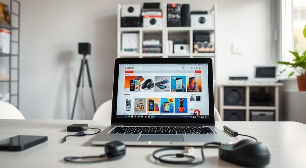 A clean and modern workspace focused on online shopping for electronics. In the foreground, a laptop with a vibrant screen displaying a user-friendly electronics website, with colorful product images of gadgets like smartphones, tablets, and headphones. The middle ground features a well-organized desk with electronic accessories neatly arranged, such as chargers and cables. Soft, natural lighting fills the room, coming from a nearby window, creating a bright and inviting atmosphere. The background showcases an organized shelf with neatly stacked electronic devices and boxes. The scene conveys a sense of efficiency and excitement in the purchasing process, reflecting a professional atmosphere ideal for making informed choices in electronic shopping. A clean and modern workspace focused on online shopping for electronics. In the foreground, a laptop with a vibrant screen displaying a user-friendly electronics website, with colorful product images of gadgets like smartphones, tablets, and headphones. The middle ground features a well-organized desk with electronic accessories neatly arranged, such as chargers and cables. Soft, natural lighting fills the room, coming from a nearby window, creating a bright and inviting atmosphere. The background showcases an organized shelf with neatly stacked electronic devices and boxes. The scene conveys a sense of efficiency and excitement in the purchasing process, reflecting a professional atmosphere ideal for making informed choices in electronic shopping.