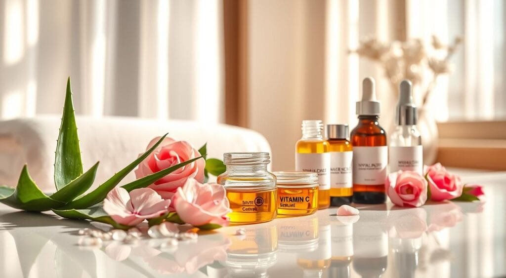 A close-up composition featuring a range of proven anti-aging ingredients artfully arranged on a sleek, reflective surface. In the foreground, vibrant green aloe vera leaves, delicate rose extract droplets, and small jars of vitamin C serum display vivid colors. The middle layer showcases clear glass droppers and bottles filled with hyaluronic acid, their labels elegantly visible but without any text. In the background, a softly blurred spa setting with natural light filtering through sheer white curtains creates a serene and inviting atmosphere. The lighting is warm and inviting, casting gentle shadows that enhance the textures of the ingredients. Capture this scene from a slightly elevated angle to provide an artistic yet informative perspective, emphasizing the purity and effectiveness of these skincare elements while evoking a calm, professional mood.