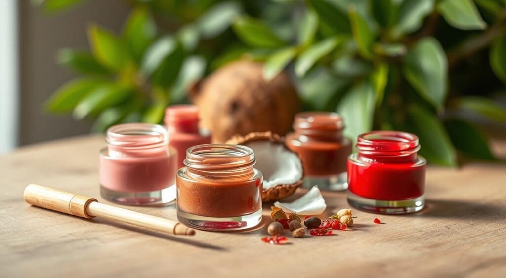 A close-up shot of a range of eco-friendly lip glosses displayed artistically on a soft, natural wood surface. In the foreground, several small, elegant glass jars filled with vibrant, nature-inspired colors like soft pink, earthy brown, and deep red, each reflecting a hint of shimmer. A delicate bamboo applicator wand rests beside one jar, emphasizing sustainability. In the middle, scattered fresh ingredients like shea butter, coconut oil, and natural pigments add a touch of organic authenticity. The background features soft-focus green foliage, creating a serene, natural atmosphere. The lighting is warm and inviting, highlighting the gloss's shine and texture. Use a shallow depth of field to emphasize the lip glosses while softly blurring the background, evoking a mood of tranquility and eco-conscious beauty.