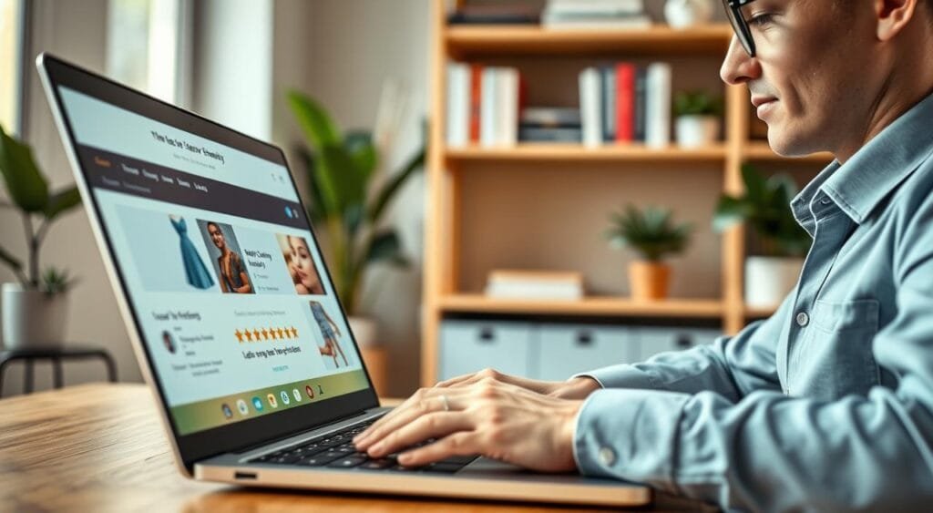 A close-up view of a modern and user-friendly online shopping website interface displayed on a laptop screen, showcasing product images and customer reviews with five-star ratings. In the foreground, a professional individual in smart casual attire is typing on the laptop, with a focused expression, highlighting the act of researching reviews. The middle ground features soft, warm lighting that creates a welcoming atmosphere, while a blurred background presents a cozy home office with shelves of neatly arranged books and plants, conveying trust and comfort. The image should have a bright, optimistic mood, emphasizing the importance of customer feedback in online shopping. Use a shallow depth of field to enhance the main subject and create a sense of intimacy. A close-up view of a modern and user-friendly online shopping website interface displayed on a laptop screen, showcasing product images and customer reviews with five-star ratings. In the foreground, a professional individual in smart casual attire is typing on the laptop, with a focused expression, highlighting the act of researching reviews. The middle ground features soft, warm lighting that creates a welcoming atmosphere, while a blurred background presents a cozy home office with shelves of neatly arranged books and plants, conveying trust and comfort. The image should have a bright, optimistic mood, emphasizing the importance of customer feedback in online shopping. Use a shallow depth of field to enhance the main subject and create a sense of intimacy.