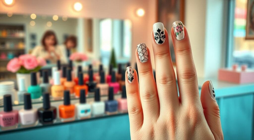 A close-up view of elegantly painted nails showcasing a variety of creative nail art designs. The foreground features a hand with perfectly manicured nails adorned with intricate patterns, including geometric shapes, floral motifs, and metallic accents. In the middle ground, a beautifully arranged display of nail polish bottles in trendy colors, some glossy, some matte, highlights the latest styles. The background is softly blurred, featuring a serene beauty salon environment with pastel-colored walls and gentle lighting, creating a calming and inviting atmosphere. The overall mood is trendy and artistic, emphasizing contemporary nail decorations that are visually striking yet refined. Use soft, natural light with a shallow depth of field for focus on the nail art.