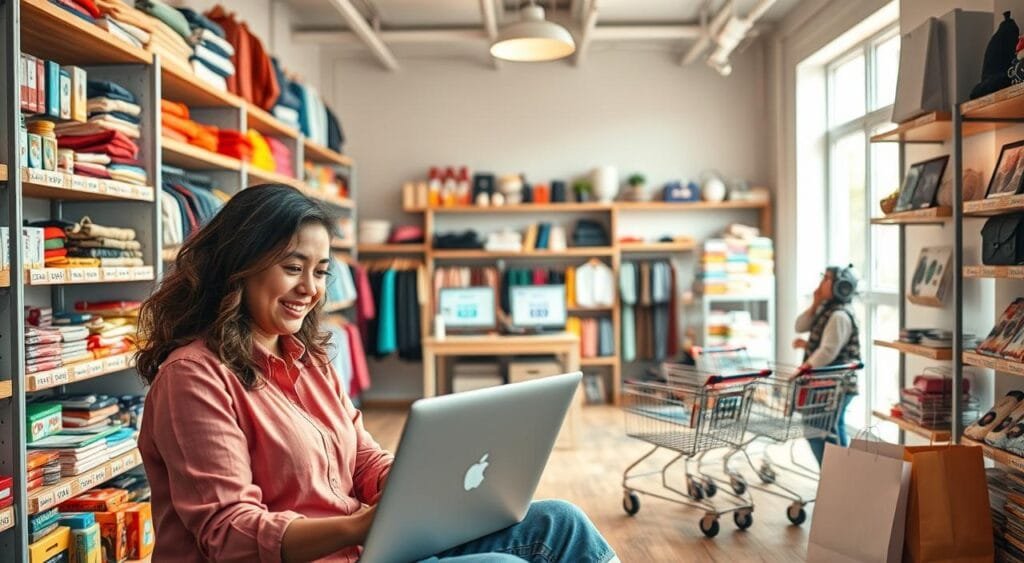 A cozy and inviting budget-friendly online store interior, showcasing a variety of colorful merchandise like clothing, home goods, and gadgets neatly organized on shelves. In the foreground, a friendly customer in professional casual attire is browsing on a laptop, with a look of concentration and satisfaction. The middle area features well-lit product displays with price tags highlighting low costs, and a small desk with shopping carts and promotional signs for discounts. The background portrays a warm ambiance with soft, natural lighting filtering through a window, creating a welcoming atmosphere. A few shopping bags are placed nearby, suggesting a successful shopping experience. The overall mood is upbeat and encouraging, symbolizing safe online shopping.