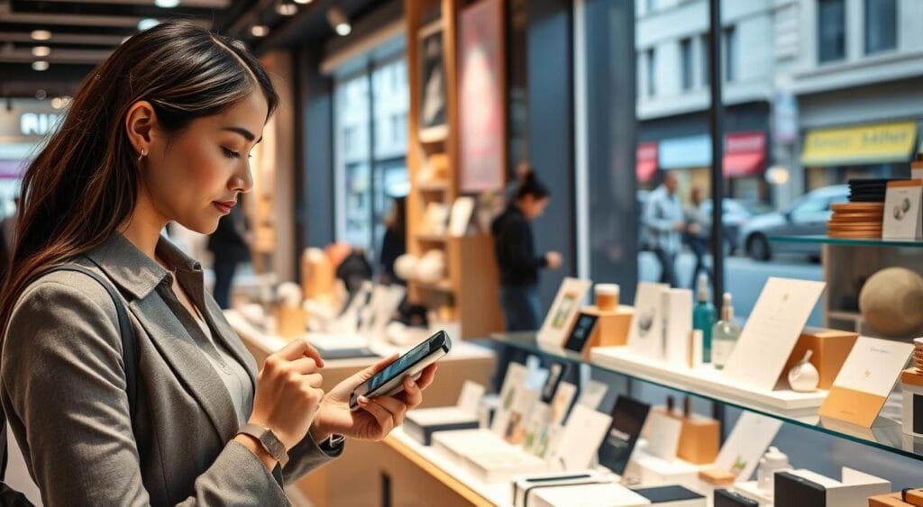 A curated display of top-selling products in a trendy retail space, showcasing a variety of items such as innovative gadgets, eco-friendly beauty products, and stylish home decor. In the foreground, a professional-looking woman in business casual attire examines a sleek tech device with curiosity. In the middle ground, an elegant arrangement of these products on well-organized shelves, spotlighted with soft, warm lighting to highlight their features. The background features a modern storefront with large windows displaying the bustling street outside, creating a vibrant shopping atmosphere. The mood is inviting and dynamic, symbolizing consumer engagement and the excitement of discovering trending items.