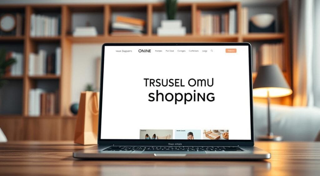 A digital representation of a trusted online shopping website, with a clean and user-friendly interface displayed on a laptop screen in the foreground. The laptop sits on a stylish wooden desk, surrounded by a few shopping-related items like a shopping bag and product images. In the middle, a cozy home environment with a soft, warm light emanating from a nearby lamp, enhancing the inviting atmosphere. In the background, a shelf filled with neatly arranged books and decor hints at organization and reliability. The image captures a professional vibe, evoking feelings of trust and confidence in online shopping, with a focus on clarity and simplicity in design. Soft focus around the edges, maintaining a clear view of the laptop screen. A digital representation of a trusted online shopping website, with a clean and user-friendly interface displayed on a laptop screen in the foreground. The laptop sits on a stylish wooden desk, surrounded by a few shopping-related items like a shopping bag and product images. In the middle, a cozy home environment with a soft, warm light emanating from a nearby lamp, enhancing the inviting atmosphere. In the background, a shelf filled with neatly arranged books and decor hints at organization and reliability. The image captures a professional vibe, evoking feelings of trust and confidence in online shopping, with a focus on clarity and simplicity in design. Soft focus around the edges, maintaining a clear view of the laptop screen.