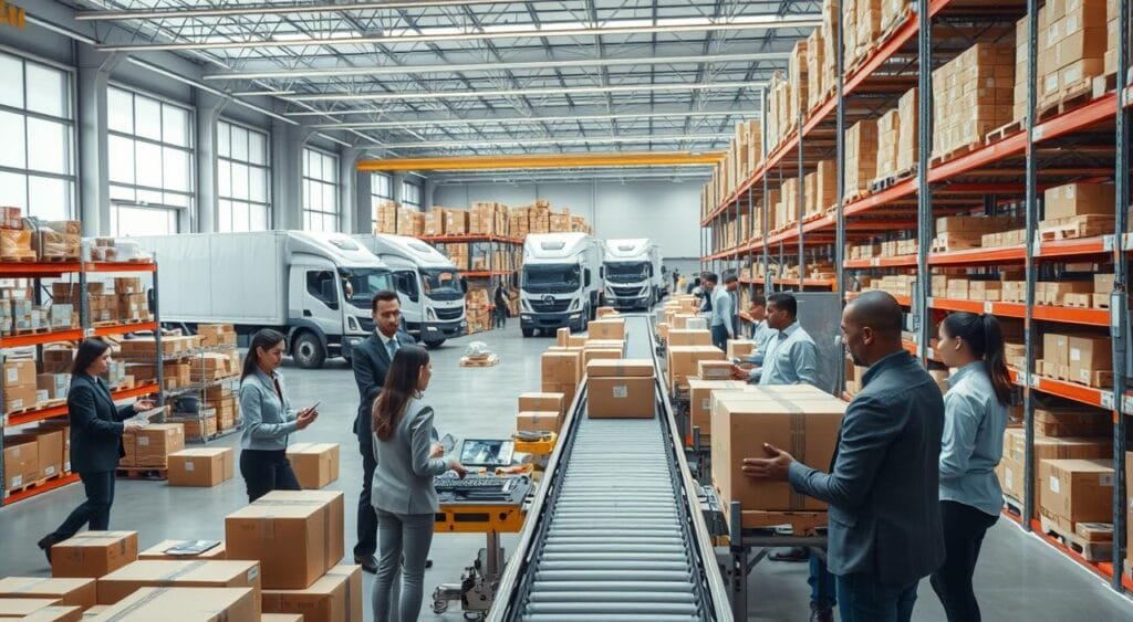 A dynamic e-commerce warehouse bustling with activity, showcasing fast shipping processes for online retailers. In the foreground, a diverse group of professionals in business attire expertly manage logistics, scanning packages and directing workers. The middle ground features organized shelves stocked with various products ready for shipping, while a sleek conveyor belt effortlessly transports items toward the shipping station. In the background, large, modern delivery trucks lined up outside emphasize efficiency. Bright, natural lighting floods the scene, highlighting the sense of urgency and innovation in the air. The atmosphere is energetic yet organized, conveying a vision of the future of fast shipping in e-commerce, with an emphasis on technology and teamwork.