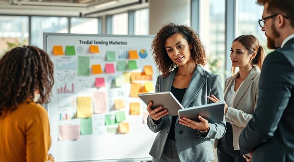 A dynamic office environment showcasing a diverse group of professionals engaged in brainstorming marketing strategies for trending products. In the foreground, a confident woman in business attire is presenting ideas on a digital tablet, while two attentive colleagues, one male and one female, are taking notes. The middle layer features a whiteboard filled with colorful graphs, charts, and post-it notes related to marketing tactics. The background shows a modern office space with large windows, allowing natural light to flood the room, creating an energetic and collaborative atmosphere. The scene is shot from a slightly elevated angle, providing a sense of depth and focus on the teamwork involved. The overall mood is inspiring and focused, emphasizing innovation in marketing.