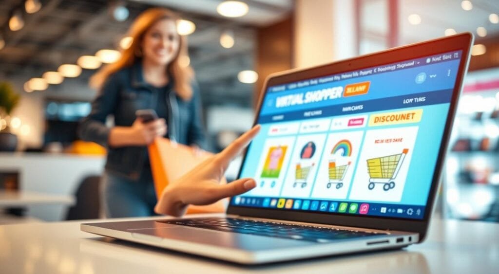 A dynamic online shopping scene featuring a virtual storefront interface showcasing discounted prices. In the foreground, a sleek laptop sits on a modern desk, displaying vibrant banners highlighting deals and offers, with shopping carts and colorful icons representing various categories. The middle layer includes a hand reaching towards the screen, symbolizing interaction, while a blurred image of a happy shopper in casual attire is visible in the background, representing the allure of online shopping. The atmosphere is vibrant and exciting, illuminated by warm, inviting lighting that suggests a friendly, user-friendly online experience. Use a shallow depth of field to emphasize the laptop and the hand, creating a sense of depth and engagement in the composition.