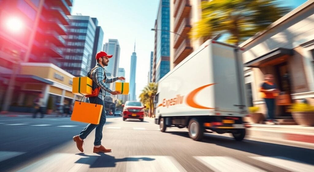 A dynamic scene depicting expedited shipping for online orders, featuring a modern delivery truck speeding down a city street. In the foreground, a delivery driver, dressed in professional attire, is handing a brightly colored package to a customer standing outside a stylish home, showcasing enthusiasm. In the middle ground, other customers can be seen receiving packages at their doorsteps, illustrating the convenience of fast shipping. The background features a bustling cityscape with clear blue skies and sunlight filtering through the buildings, casting soft shadows. The atmosphere should feel energetic and positive, emphasizing the speed and efficiency of modern shipping methods. Use vibrant colors to create a sense of urgency and excitement, with a focus on the interaction between the delivery driver and the customer. Natural lighting should highlight the scene.